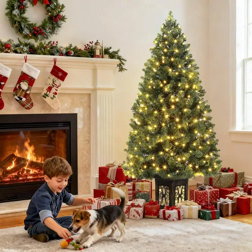 Vista 6 de GarveeHome Árbol de Navidad artificial de fibra óptica de 4.5 pies, árbol de Navidad artificial en maceta preiluminado con 300 luces LED, 8 modos