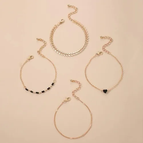 Vista 3 de Juego de 4 pulseras de cadena de eslabones de oro para mujer, pulsera pequeña con dije de corazón de amor para niñas, cadena básica, joyería