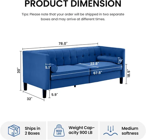 Vista 2 de Sofá de terciopelo de 78 pulgadas, sofá de 3 plazas con almohadas de refuerzo, diseño copetudo con botones Azul