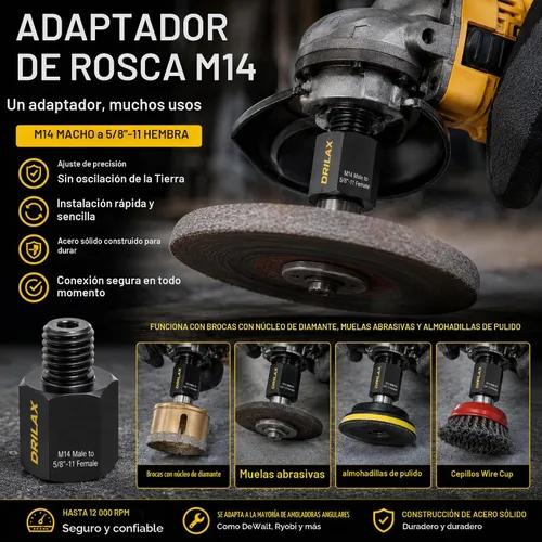 Vista 10 de Drilax Adaptador de amoladora angular M14 macho a 5/8-11 hembra, convertidor de rosca europeo a norteamericano para brocas de núcleo de diamante