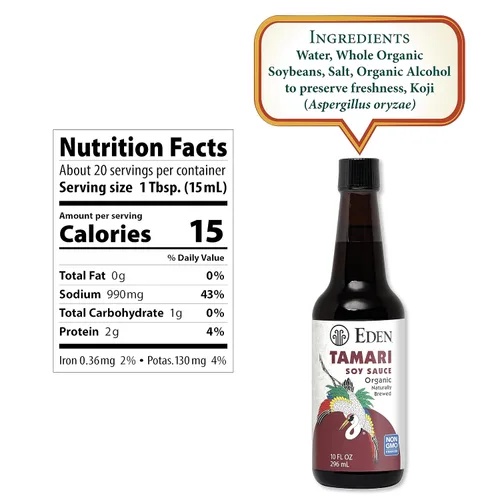 Vista 2 de Eden Salsa de soja orgánica Tamari, fermentada naturalmente a partir de soja sin OMG de EE. UU., sin gluten, 10 onzas