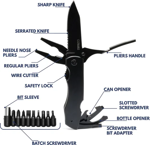 Vista 2 de Cuchillo multiherramienta personalizado con nombre grabado en 20 fuentes, cuchillo de alicates multiherramienta 9 en 1 con alicates, juego