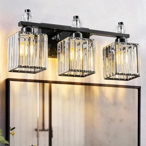 Vista 47 de Luces de Tocador de Baño de 3 Luces, Placado Negro, Modernas Luces de Tocador de Cristal para Baño, Luces de Tocador de Cristal para Usar Sobre