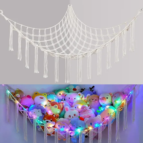 Vista 12 de Basumee Hamaca de animales de peluche con red de esquina de luz LED Crema