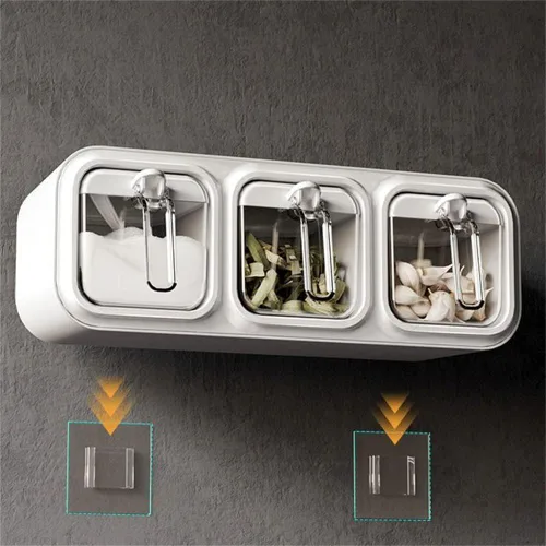 Vista 5 de chislim Tarros de especias montados en la pared, caja de condimentos autoadhesiva con cuchara, botella dispensadora de condimentos múltiples