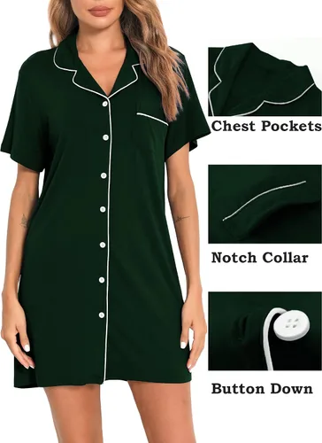 Vista 2 de SWOMOG Camisón de manga corta con botones para mujer, con cuello de muesca, pijama, vestido de pijama