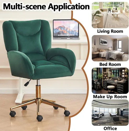 Vista 7 de Silla de escritorio de terciopelo suave cómoda con patas y ruedas de metal dorado, silla de oficina cómoda giratoria de 360 grados con altura Verde