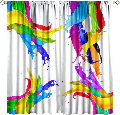 Vista 23 de Cortinas opacas abstractas de arco iris, pintura de color arcoíris con gotas, diseño gráfico creativo con bolsillo para barra, para sala de estar