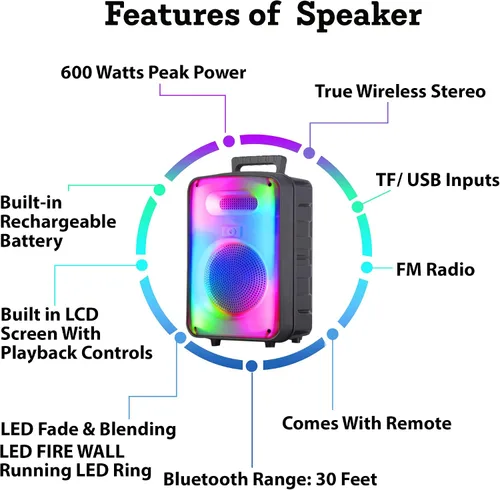 Vista 3 de Technical Pro Altavoz Bluetooth bidireccional recargable de 600 vatios de 8 pulgadas con pared LED brillante, radio FM, USB, sonido estéreo TWS