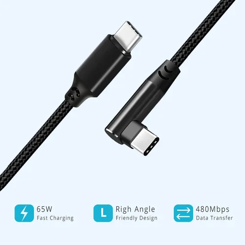 Vista 2 de Cable USB C a USB C de 1 pie, paquete de 3 cables, de ángulo recto de 90 grados, tipo C, cable de carga rápida PD de 60W, USB 2.0, trenzado