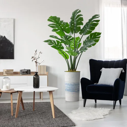 Vista 12 de Árbol artificial en macetero con patrón de línea industrial gris azul, palmera tropical areca artificial de seda para decoración del hogar