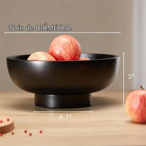 Vista 2 de Tazón de fruta negro de madera sólida seguro para alimentos para encimera de cocina, diámetro de 12 pulgadas