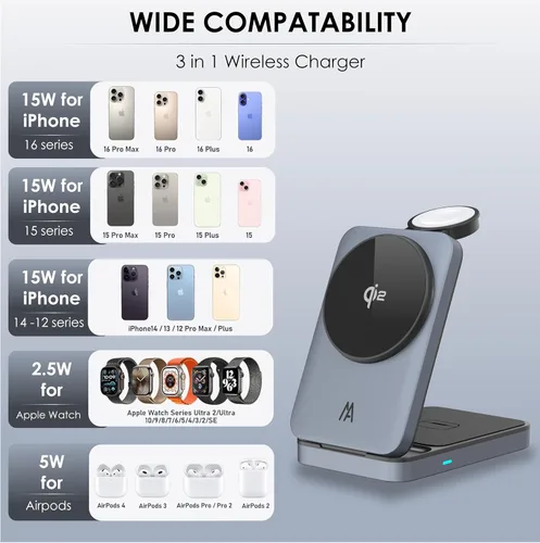 Vista 5 de Estación de carga 3 en 1, soporte de cargador inalámbrico Magsafe Qi2, estación de carga inalámbrica plegable compatible con tu Apple iPhone