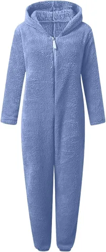 Vista 5 de Adult Onesie For Women Fuzzy Fleece One Piece Zipper Pajamas Plus Size Winter Loungewear Solid Jumpsuit With Ear Hood