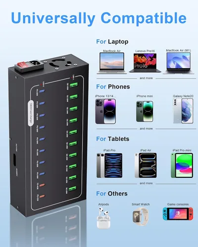 Vista 7 de Estación de carga USB de 580W, estación de carga rápida de 20 puertos para múltiples dispositivos, bloque de cargador USB C PD dual de 45W, entrega