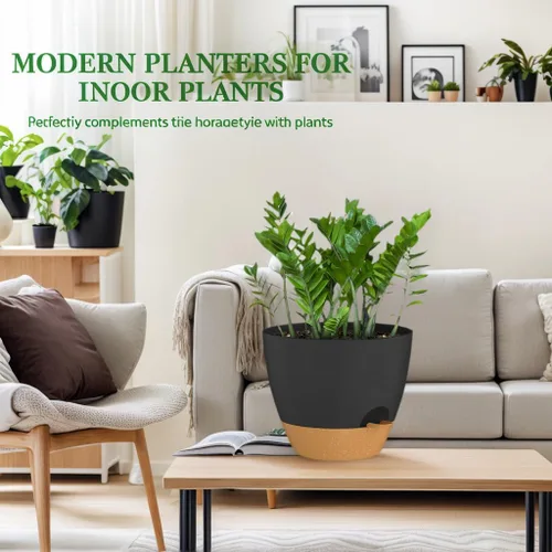 Vista 2 de ZMTECH Juego de 2 macetas de 10 pulgadas para plantas de interior, macetas de riego automático con agujeros de drenaje y platillo para plantas