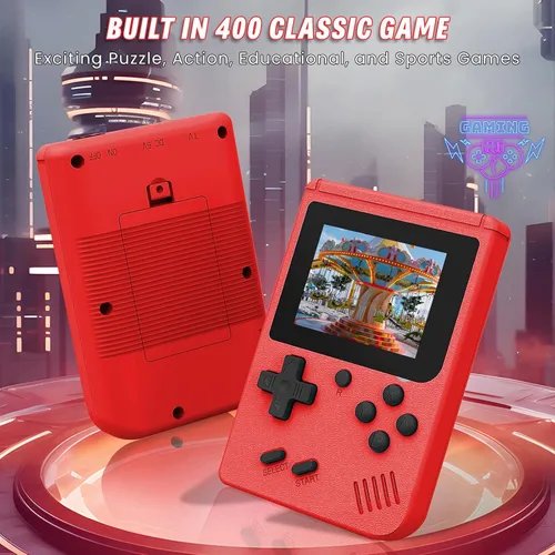 Vista 2 de Consola de juegos de mano retro incorporada 400 videojuegos, emulador portátil de mano con pantalla HD de 3.0 pulgadas y batería recargable, Rojo