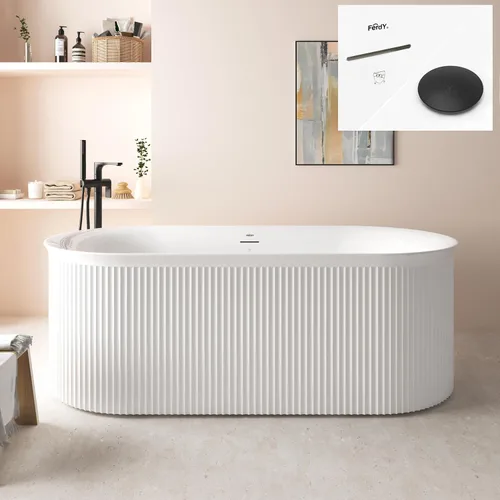 Vista 46 de FerdY Bañera independiente de acrílico Bali de 47 pulgadas, bañera independiente con forma elegante, certificado cUPC, drenaje dorado cepillado