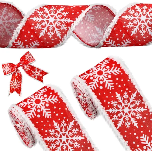 Vista 8 de 2 rollos de cinta de copo de nieve con borde con alambre para árbol de Navidad, cinta decorativa de temporada para Navidad, decoración de invierno