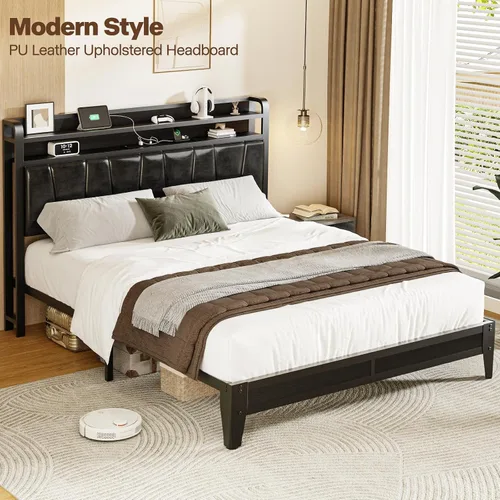Vista 7 de Base de cama de tamaño matrimonial con estantes de almacenamiento de 2 niveles, marco de cama LED con cabecera de piel sintética, cama de plataforma