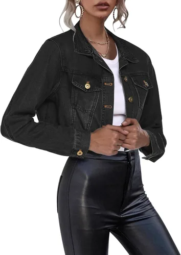 Vista 2 de Zeagoo Chaqueta vaquera recortada para mujer, de manga larga, con botones, básica, clásica