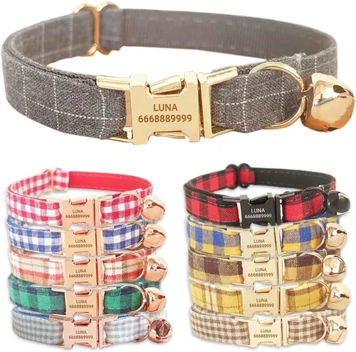 Vista 16 de PETDURO Collares de gato a cuadros personalizados hechos a mano con campana y hebilla de metal grabada con nombre personalizado para gatos lindos