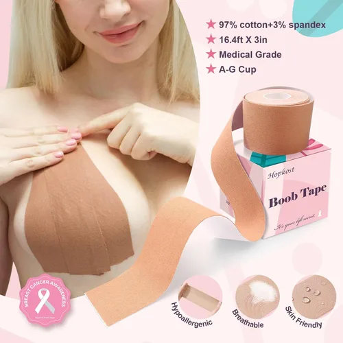 Vista 2 de Cinta de levantamiento de senos para senos grandes con 2 cubiertas de pezones invisible para copas A-G (beige, 3 pulgadas)