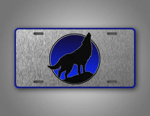 Vista 3 de Placa de matrícula de lobo coyote aullando placa de aluminio Lobo azul etiqueta automática