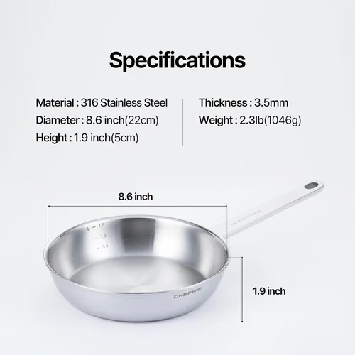 Vista 4 de Sartén de Acero Inoxidable 316 de 8.6 Pulgadas, Sartén Saltear de Acero Inoxidable de 5 Capas, Sartén Profunda, Compatible con Inducción, Apta