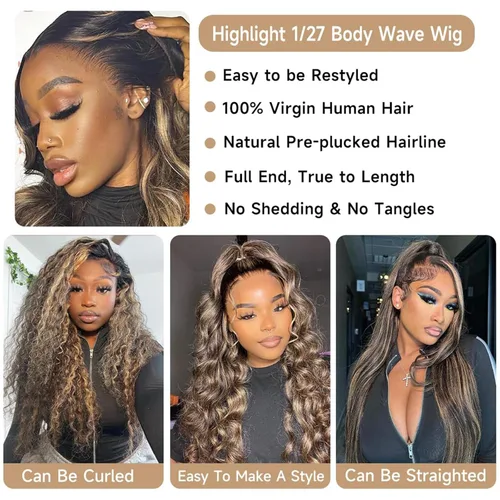 Vista 7 de Lemoda FB/27 Balayage - Pelucas de cabello humano con encaje frontal de 13 x 6 pulgadas, color degradado, ondulado, HD, transparente, encaje