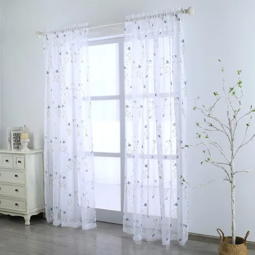 Vista 7 de Taisier Home Cortinas Traslúcidas Blancas Florales con Estampado de Flores y Bordado de Enredaderas para Dormitorio, Cortina con Bolsillo
