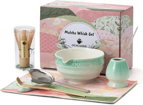 Vista 12 de Juego de té Matcha, kit japonés de 8 piezas con cuenco cerámico de diseño de flores de cerezo y olas, batidor de bambú, soporte para batidor