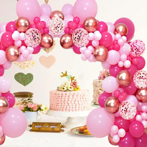 Vista 4 de Kit de arco de guirnalda de globos rosados, 145 globos de oro rosa intenso con globos de confeti para decoración del día de la madre, cumpleaños