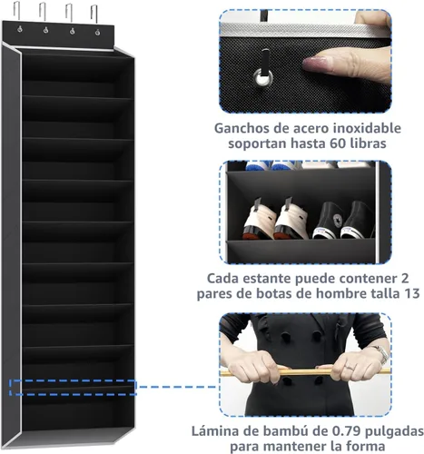 Vista 7 de REGELETO Organizador de zapatos de 10 niveles de gran tamaño para colocar sobre la puerta, zapatero colgante para puerta con bolsillos profundos, se