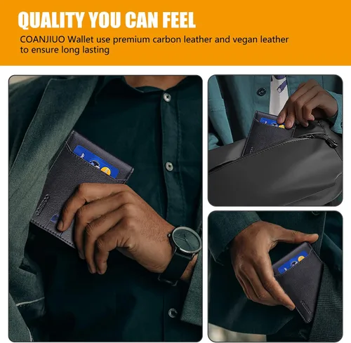 Vista 4 de COANJIUO Billetera para hombre delgada y plegable con bloqueo RFID, billetera minimalista con bolsillo frontal con 8 ranuras para tarjetas (negro)