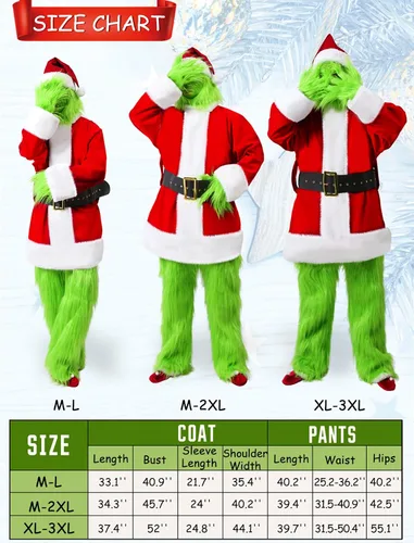 Vista 4 de Christmas Green Monster Costume Adult, 8PCS Green Santa Suit Deluxe Furry Santa Costume Set Luxury Santa Outfit