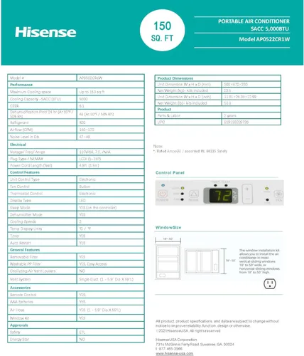 Vista 4 de Hisense Aire acondicionado portátil de 5000 BTU DOE (115 voltios) blanco ventilado, control remoto, enfría 150 pies cuadrados, temporizador de 24