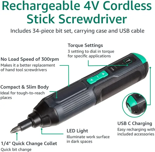 Vista 4 de Amazon Basics de SKIL - Destornillador de precisión inalámbrico recargable de 4 V, con juego de 34 puntas, funda de transporte, carga USB, luz