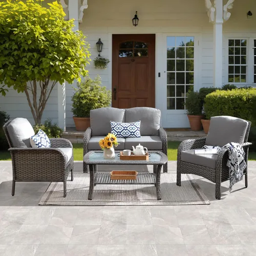 Vista 10 de ovios - Juego de muebles de patio de 2 piezas, sofá de mimbre para exteriores con sillas, silla de ratán con respaldo alto con cómodos cojines