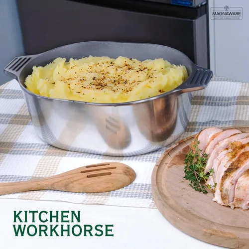 Vista 2 de MAGNAWARE Horno holandés ovalado de aluminio fundido con tapa, sartén resistente de 5 cuartos de galón con estante y cubierta de silicona con asas