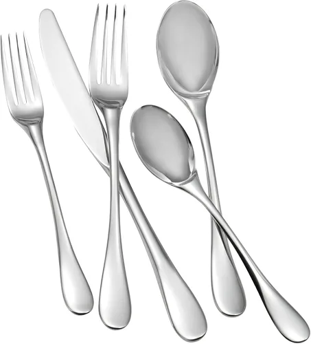Vista 2 de Nambé Bend - Colección de cubiertos de 45 piezas, excelentes utensilios de acero inoxidable forjado con elegantes asas curvas, servicio para 8 Doblar