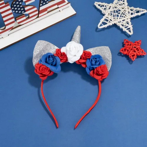 Vista 4 de Madison Tyler Diadema de unicornio con purpurina plateada, bandas para la cabeza de orejas de gato para mujeres y niñas, flores rojas, blancas