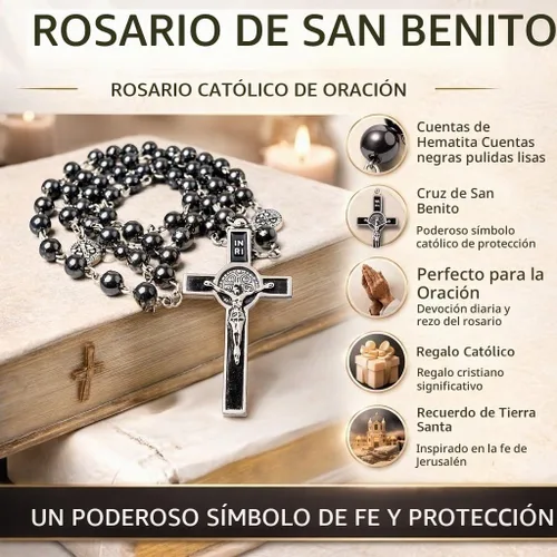 Vista 7 de TALISMAN4U Collar con rosario católico, cuentas de hematita negra, medalla de San Benito y caja de regalo de cruz, Hematita