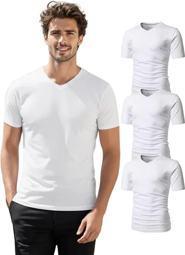 Vista 26 de H2H Camisetas para hombre - Pack de varias unidades, diseño simple, manga corta, ajuste delgado, mezcla de algodón (cuello en V/cuello redondo)