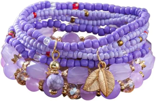 Vista 25 de 4 piezas de juego de pulseras bohemias apilables de múltiples capas con cuentas de cristal coloridas, pulseras elásticas con cuentas de oro Verde