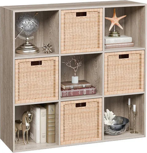 Vista 12 de JupiterForce Organizador de almacenamiento de 9 cubos, estante de exhibición de madera con 5 paneles traseros removibles, estantería de libros