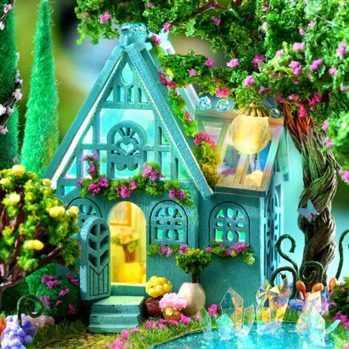 Vista 4 de Roroom Kit de casa de muñecas en miniatura y muebles, modelo de casa de muñecas en 3D con cubierta a prueba de polvo y LED, idea creativa