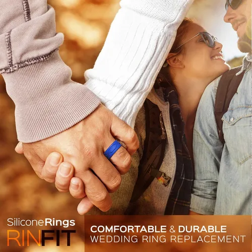 Vista 6 de Rinfit Anillos de silicona para mujeres y hombres, juegos de anillos de boda de silicona para él y ella, anillos de boda de goma de diseño