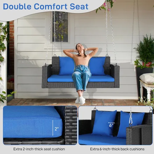 Vista 5 de Outvita Banco colgante de porche para 2 personas, banco de mimbre para exteriores con cojín y almohada para patio, jardín, soporta hasta 800 libras