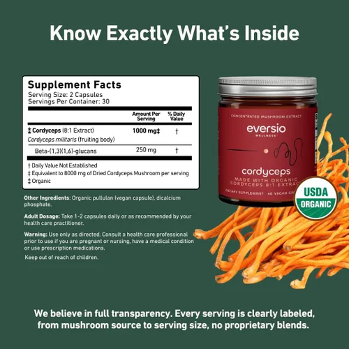 Vista 3 de Cápsulas Cordyceps orgánicas – Extracto de Cordyceps Militaris 8:1, 500 mg por cápsula – Suplemento de hongos para energía, resistencia y apoyo al